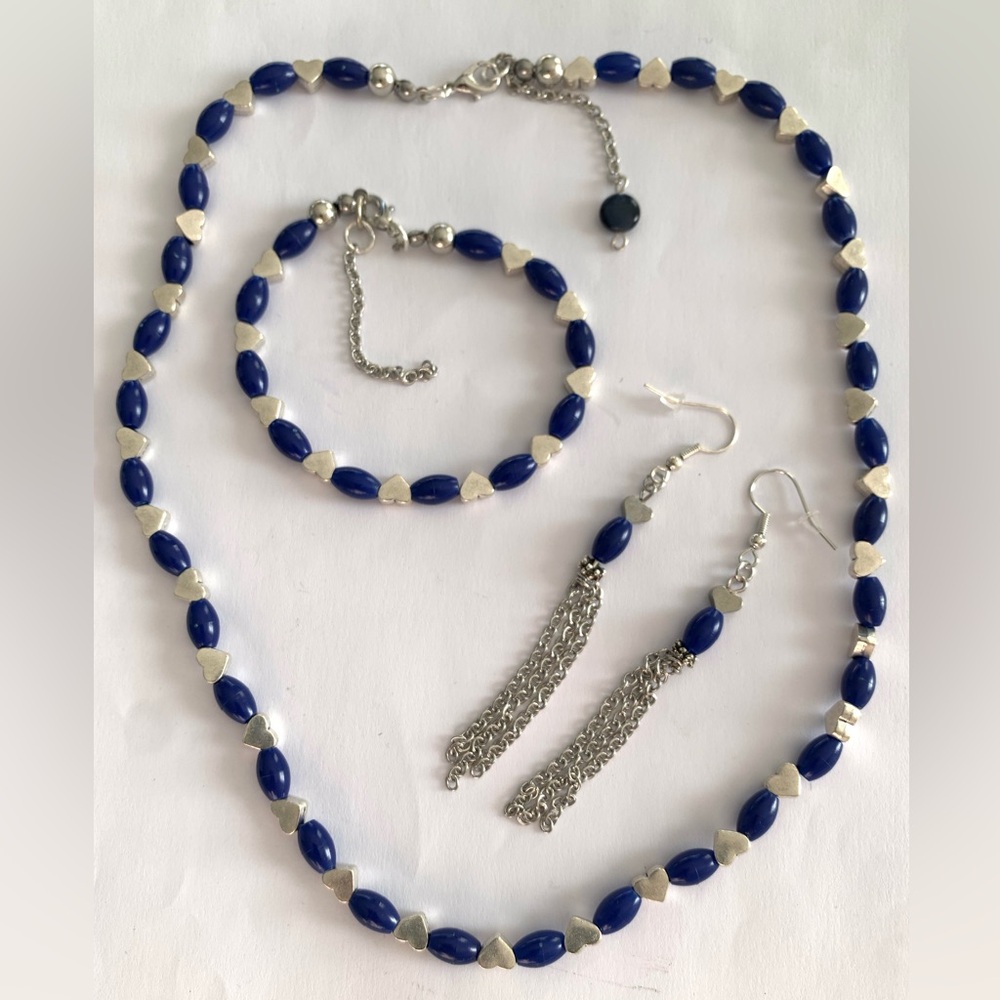 Handmade Blue Heart Accent Necklace, Bracelet & Tassel Earring Set